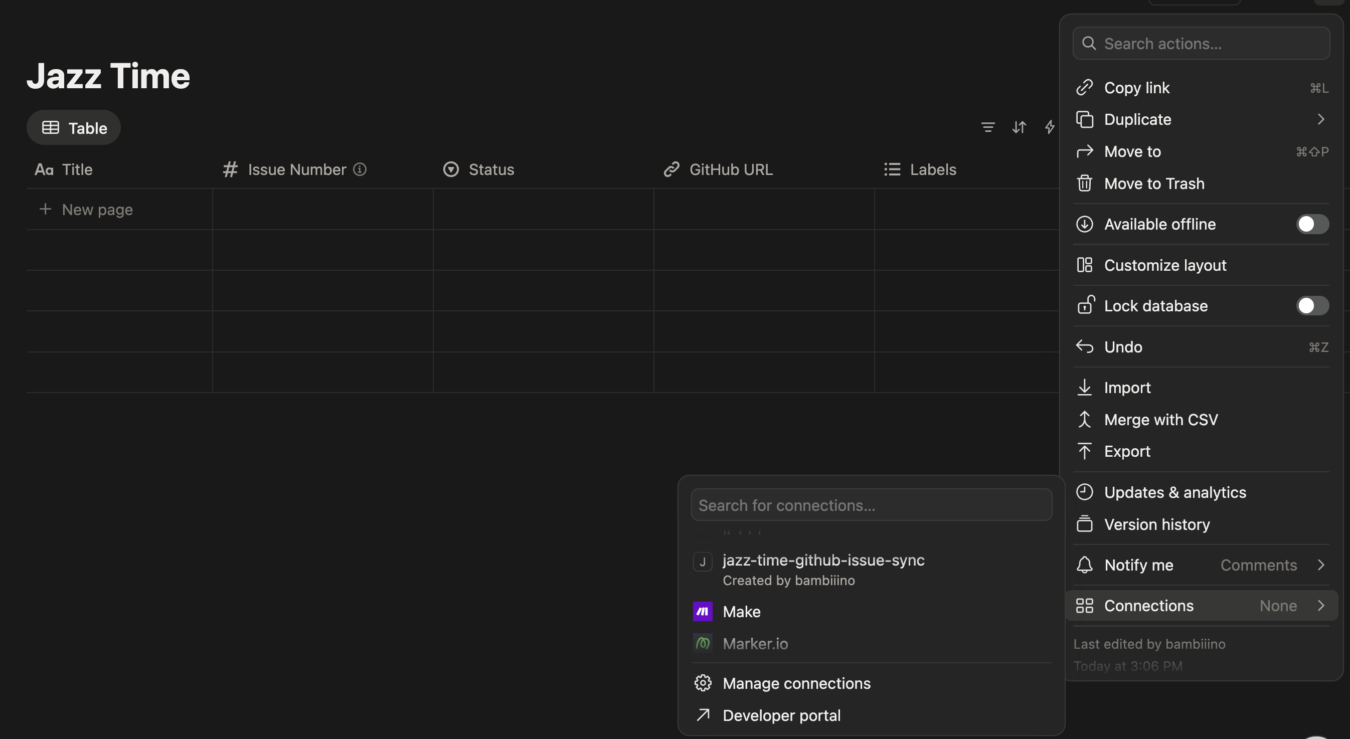 Notion データベースのメニューから接続を選択して Integration を追加している