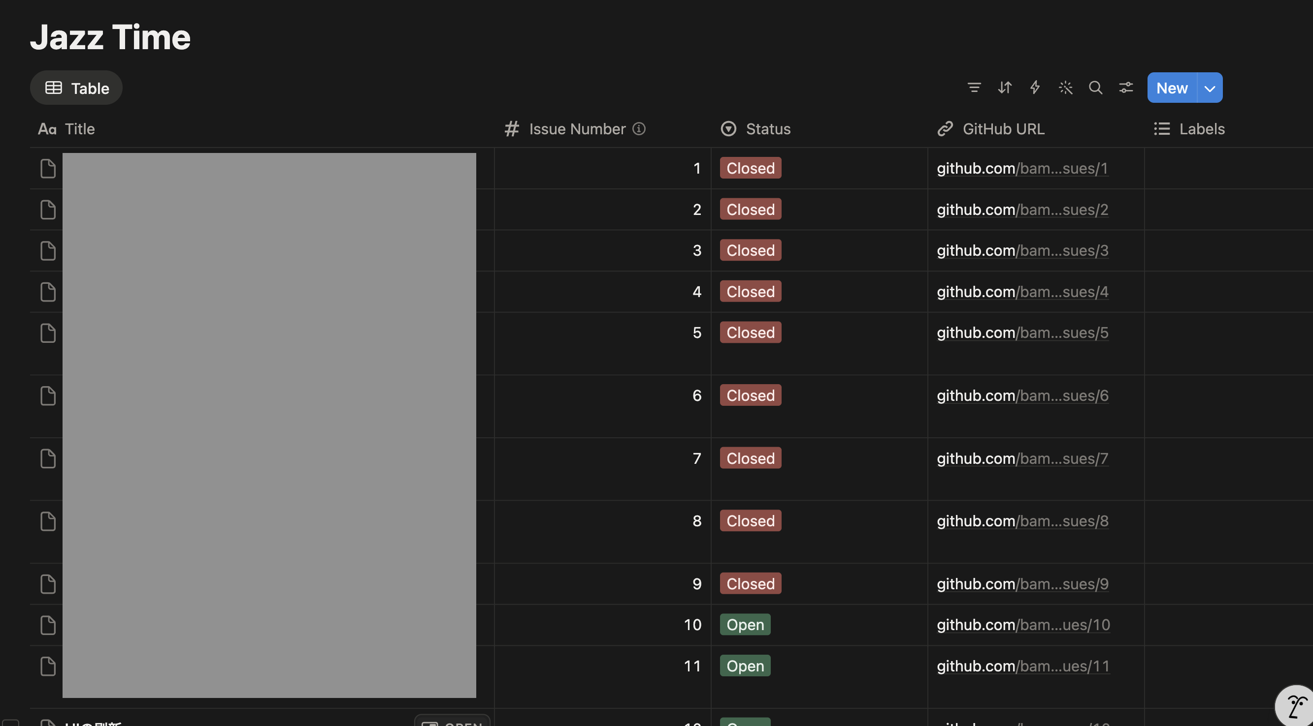 GitHub Issues の内容が Notion データベースに同期されている