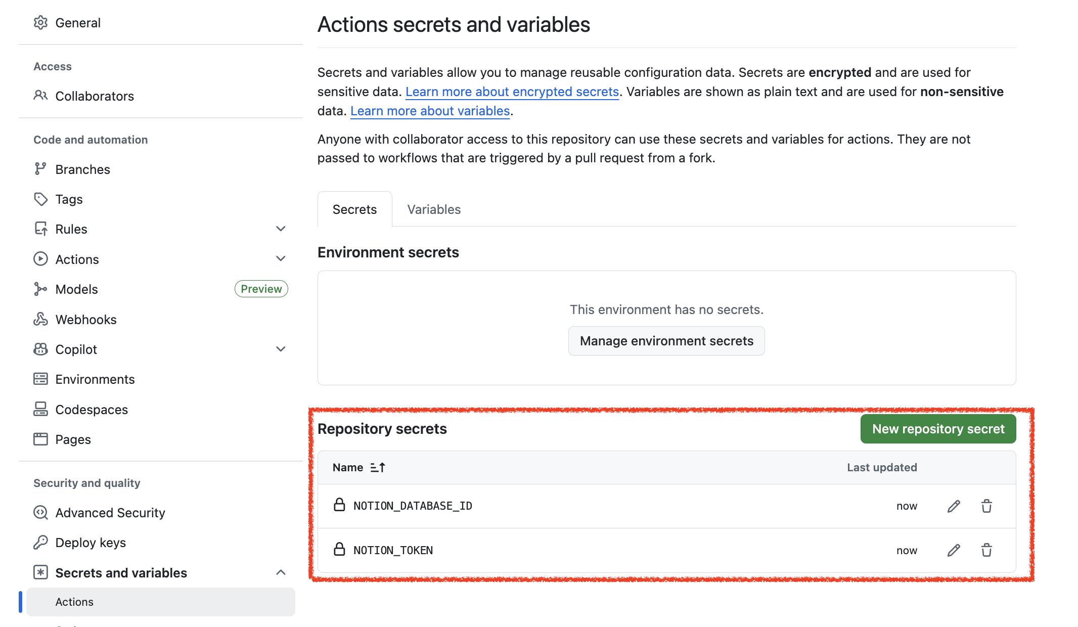 GitHub リポジトリの Actions Secrets に NOTION_TOKEN と NOTION_DATABASE_ID が登録されている