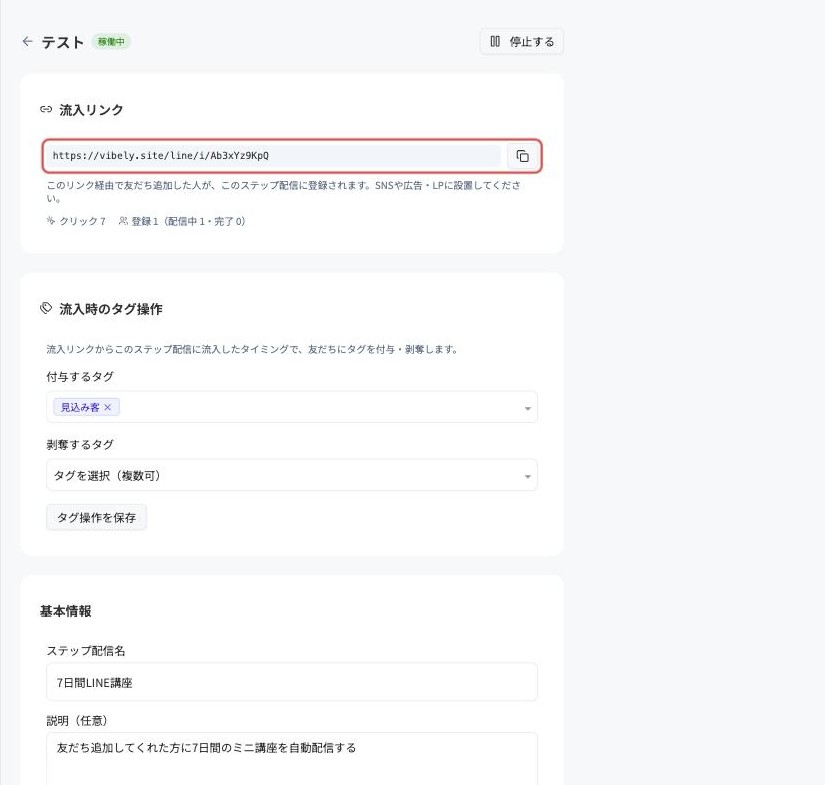 ステップ配信の編集画面と流入リンク