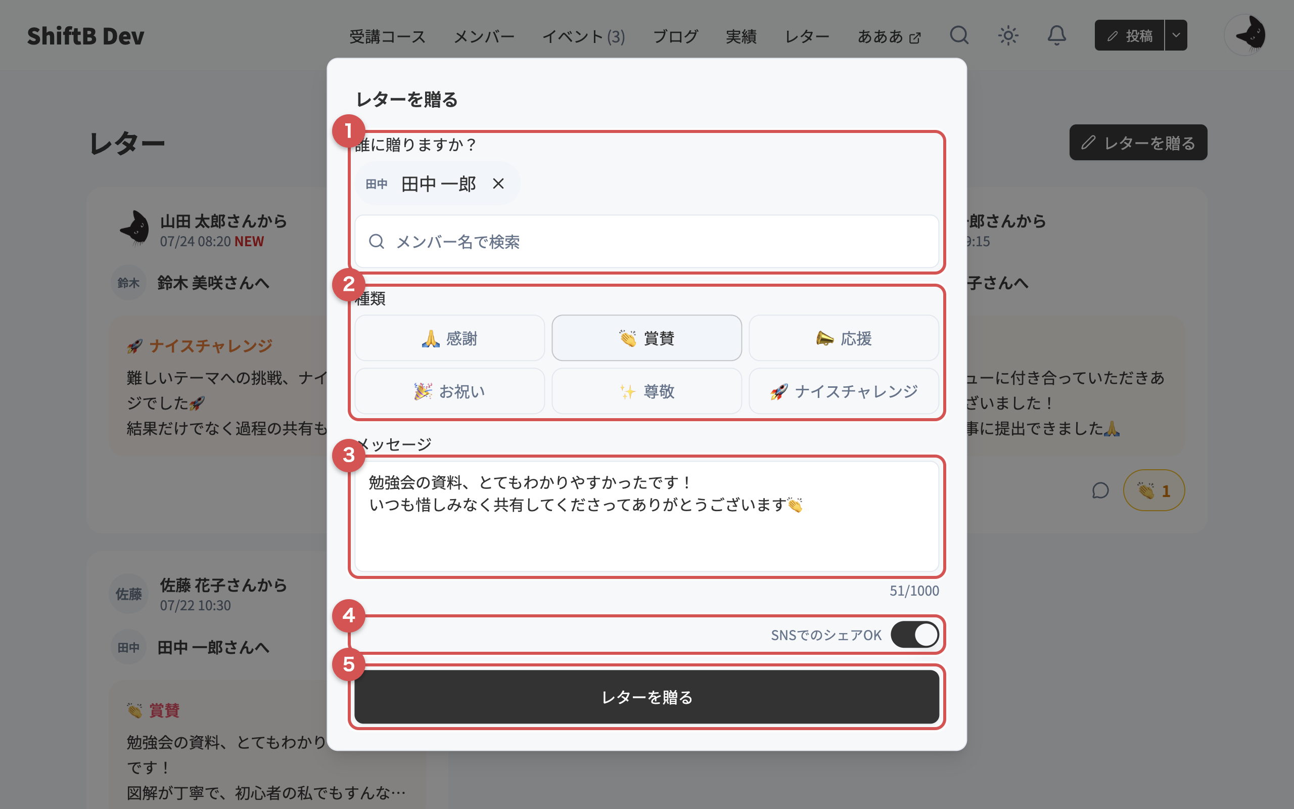 レター作成ダイアログ。宛先・種類・メッセージ・SNSシェアOK・送信ボタンに注釈